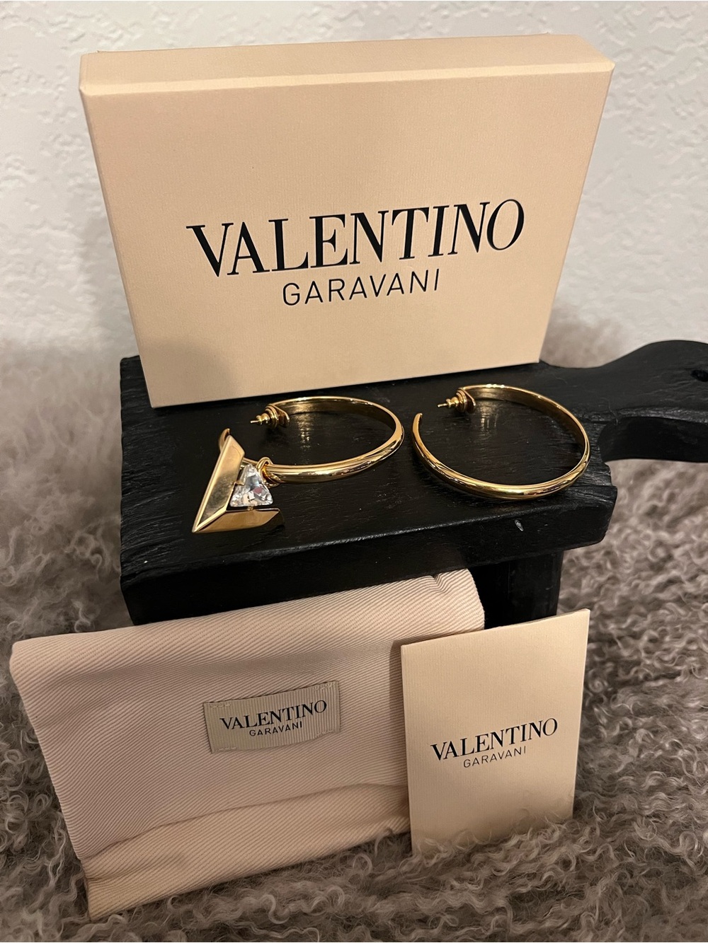 Valentino Garavani Gold Hoop Earrings with Triangle Crystal Charm “Je Les V”